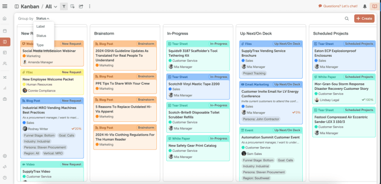 Kanban Dashboard filtered by project status